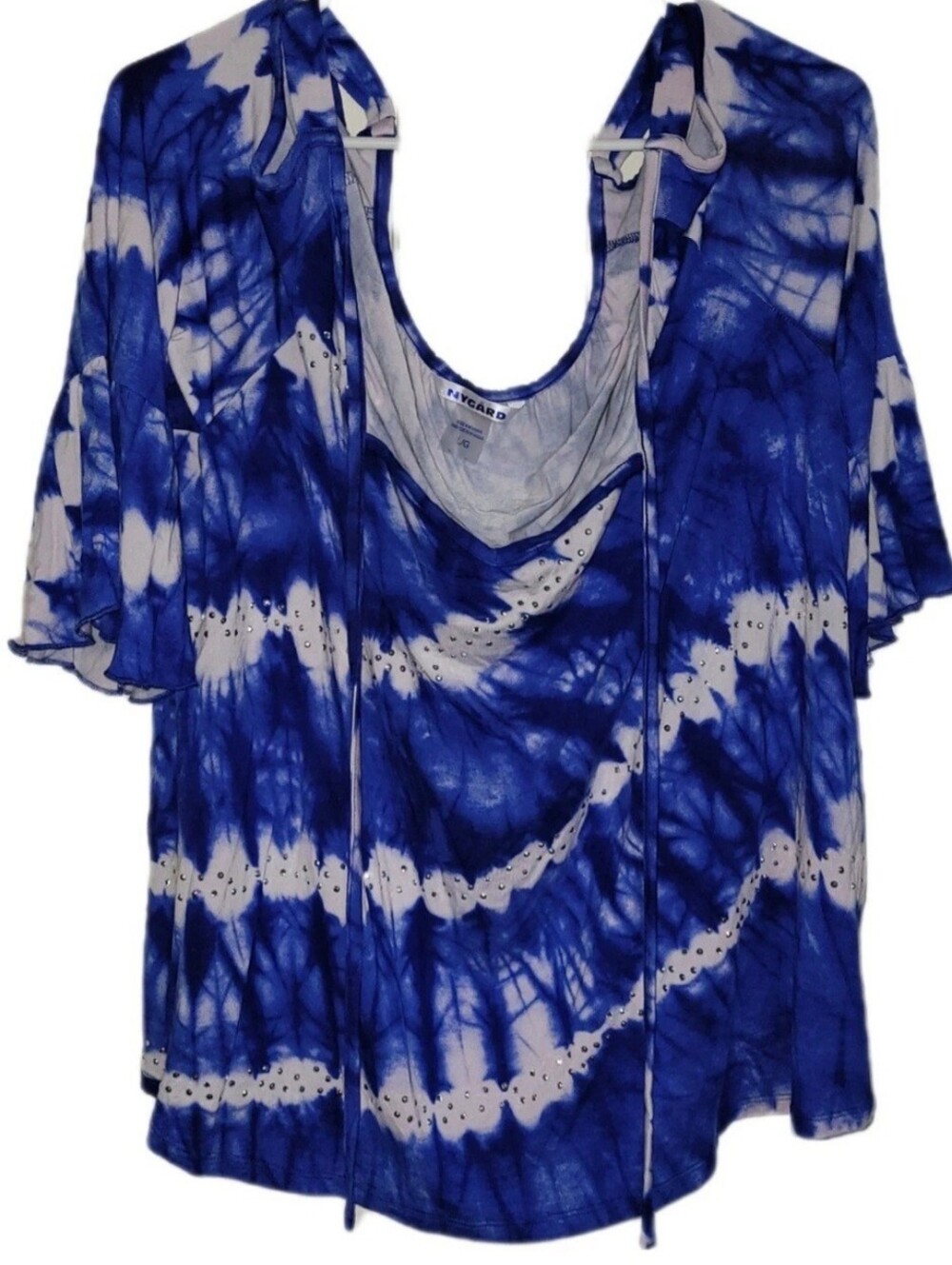 Nygard Blue White Tie Dye Embellished Cold Shoulder Soft Knit Loose Fit XL NWT